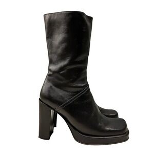 Charles David Savey 9513 Platform Square Toe Boots Womens 8.5 Black Italy Modern